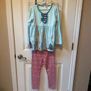 Marie Nicole Girls Light Blue Nutcracker Peplum Top with Red Stripe Leggings